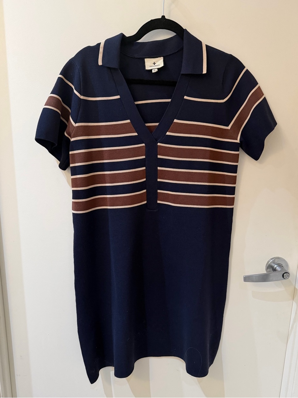 Tuckernuck Navy V-Neck Polo Stripe Knit Dress - Navy and Brown
